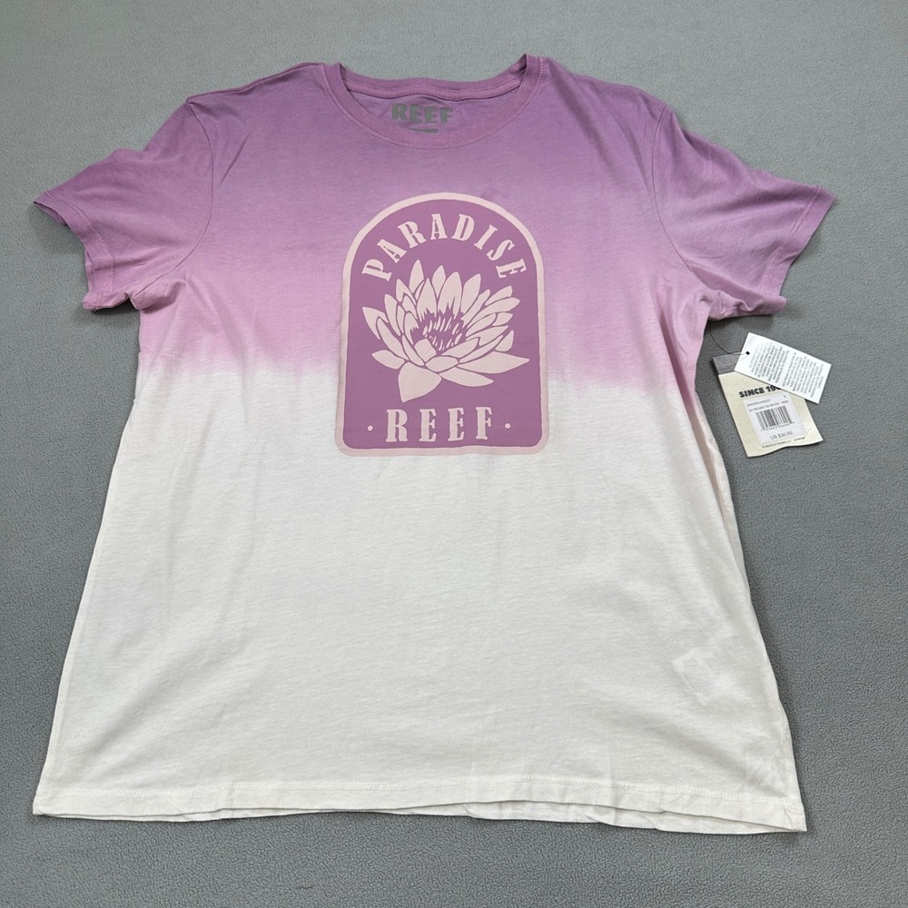 Reef Shirt Womens S Purple White Ombre Paradise Lily Flower Relaxed Dip Dye Tee